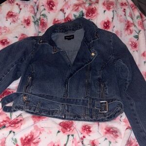 New Look Blue Denim Moto Jacket with Waist Belt